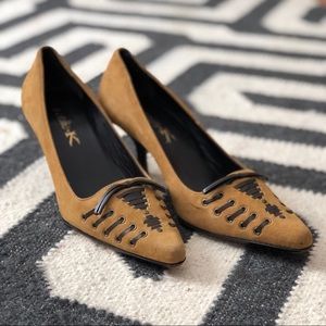 Michelle K Kitten Heels -Tan Suede w leather lace